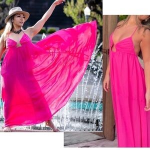 Zara fuchsia pink voluminous chiffon bustier cutout open back maxi dress S NWT